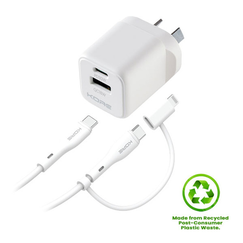 Kore Wall Charger 30W GaN Dual Port + 1m 2in1 USB-C to USB-C & Lightning Cable