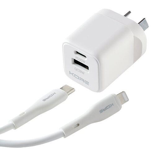 Kore | Wall Charger | 30W GaN Dual Port + 1.5m USB-C to Lightning Cable