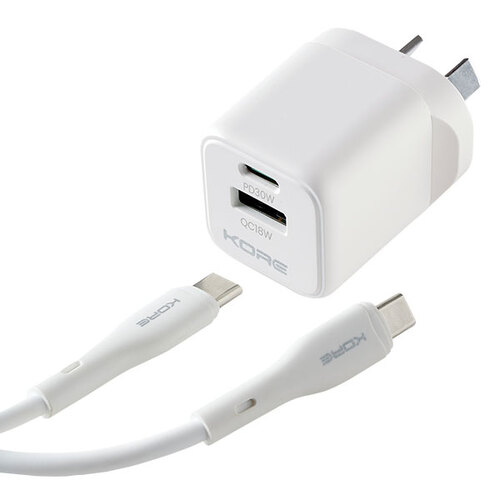 Kore | Wall Charger | 30W GaN Dual Port + 1.5m USB-C to USB-C Cable